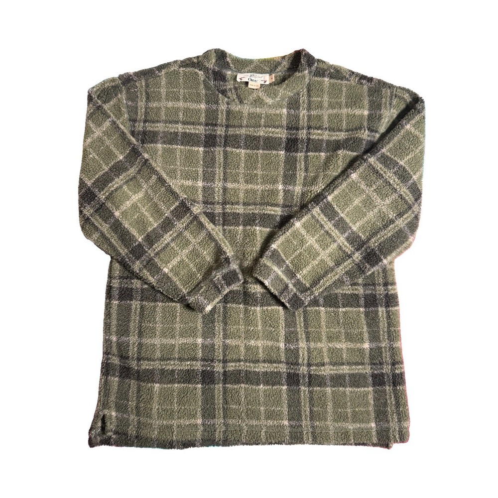 Vintage 90s Orvis Deep Pile Fleece Sweatshirt‎ Rare Outdoor Green Plaid Medium